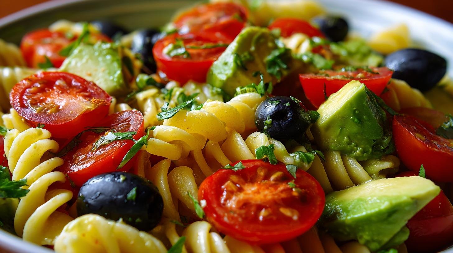 Těstovinový salát s avokádem, rajčaty a olivami – Chutná i studený