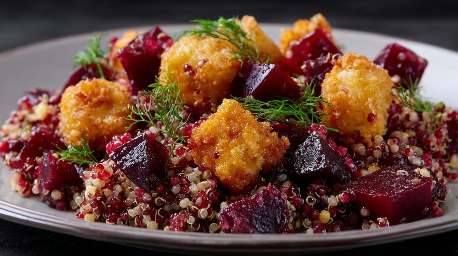 Quinoa salát s pečenou řepou a knedlíkovými kostkami jako topping. Tipy, triky a variace
