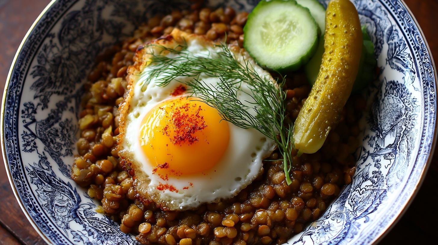 Sytá čočková kaše s vejcem a kyselou okurkou. Tipy pro větší chuť a úsporu času