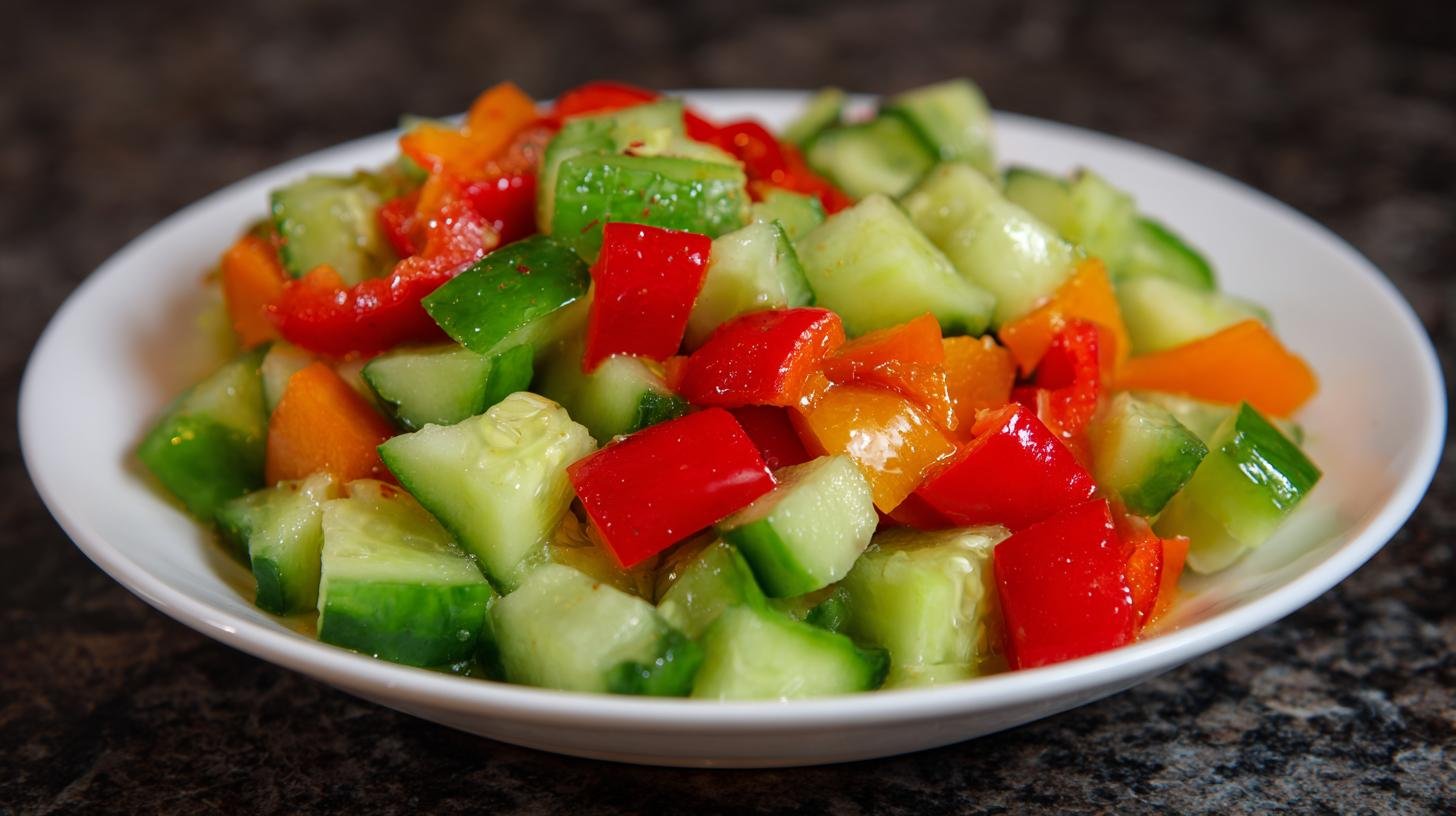 Lehký zeleninový salát s okurkou a paprikou bez oleje. Ingredience a jednoduchý postup