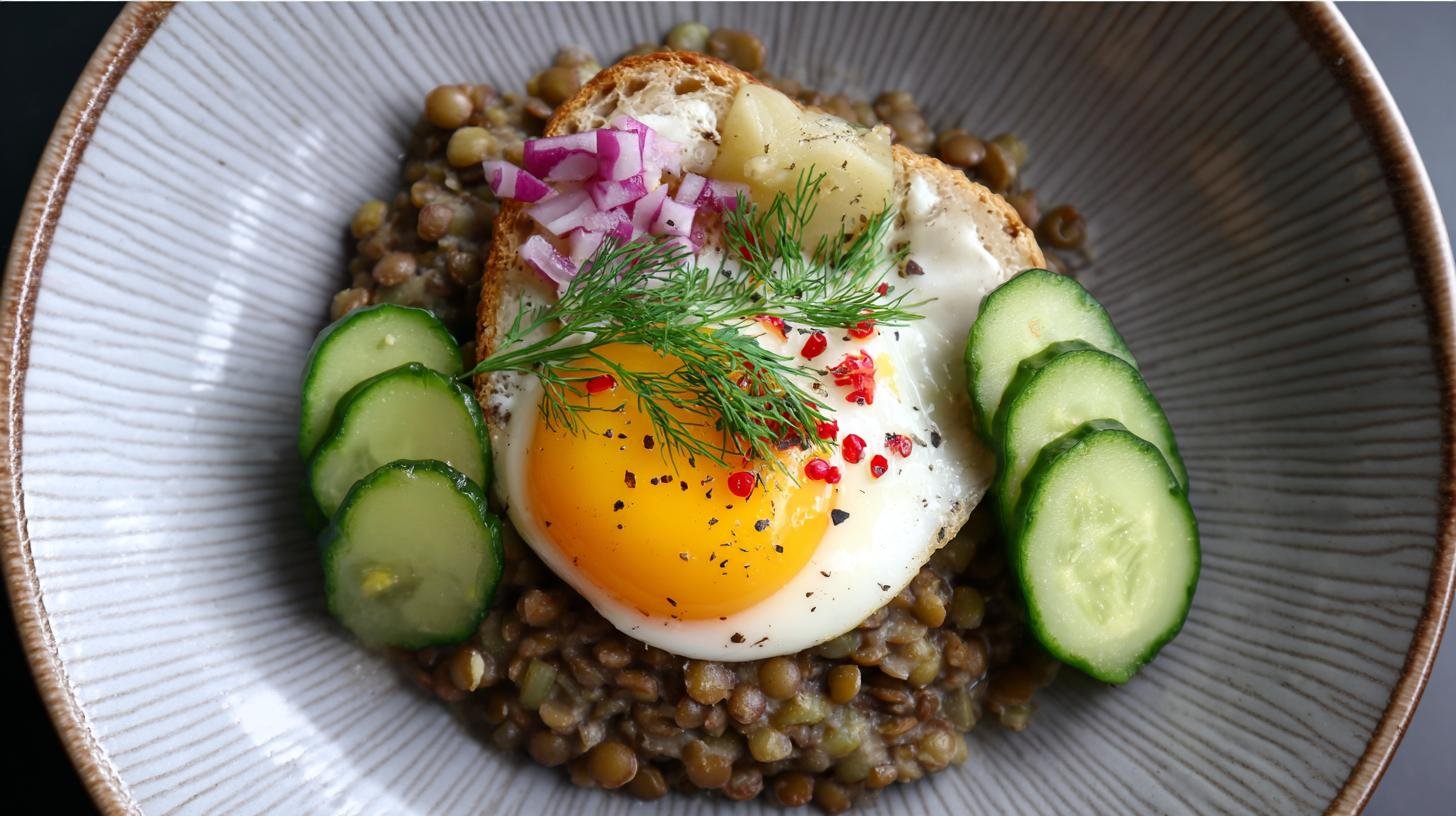 Sytá čočková kaše s vejcem a kyselou okurkou