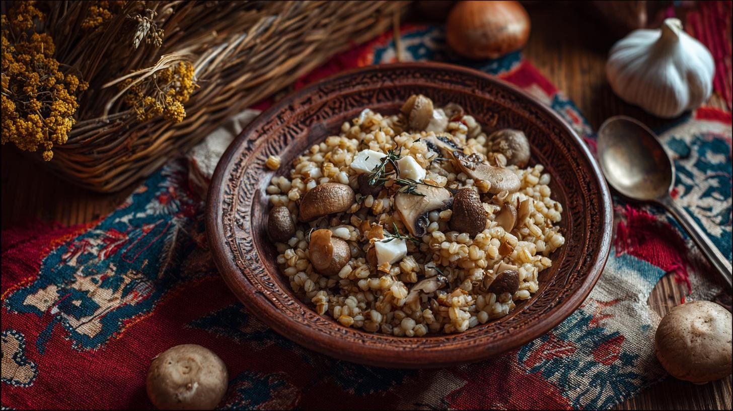 Tradiční kroupový kuba s houbami a česnekem