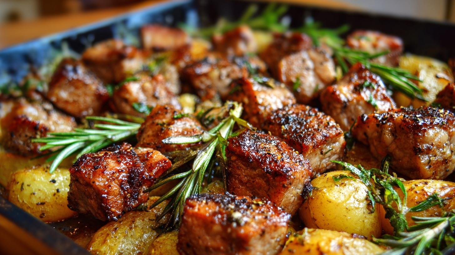 Pečené vepřové kostky s kmínem a bramborami. Recept krok za krokem Pečené vepřové kostky s kmínem a bramborami. Recept krok za krokem