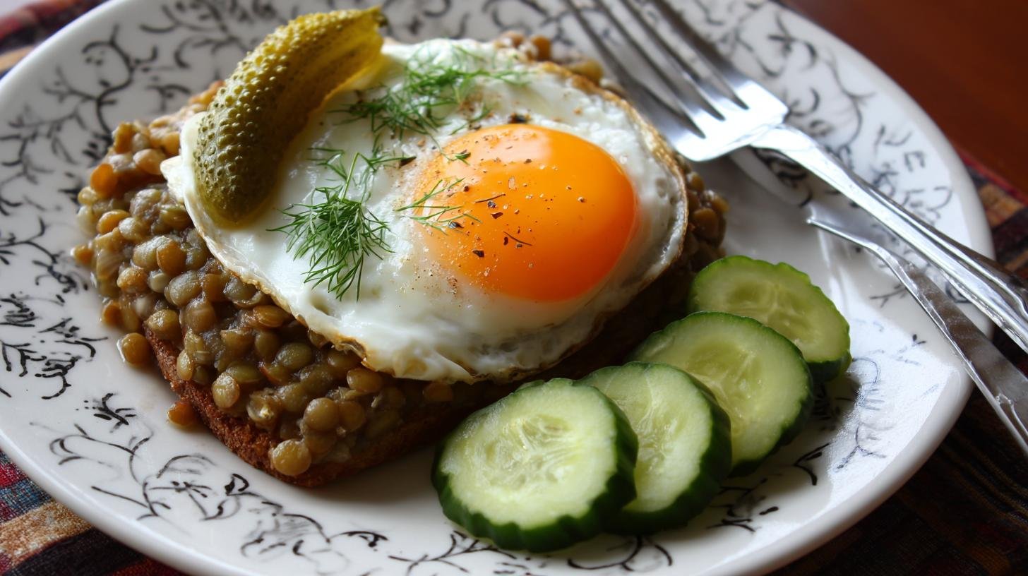 Sytá čočková kaše s vejcem a kyselou okurkou. Jak na jednoduchou přípravu