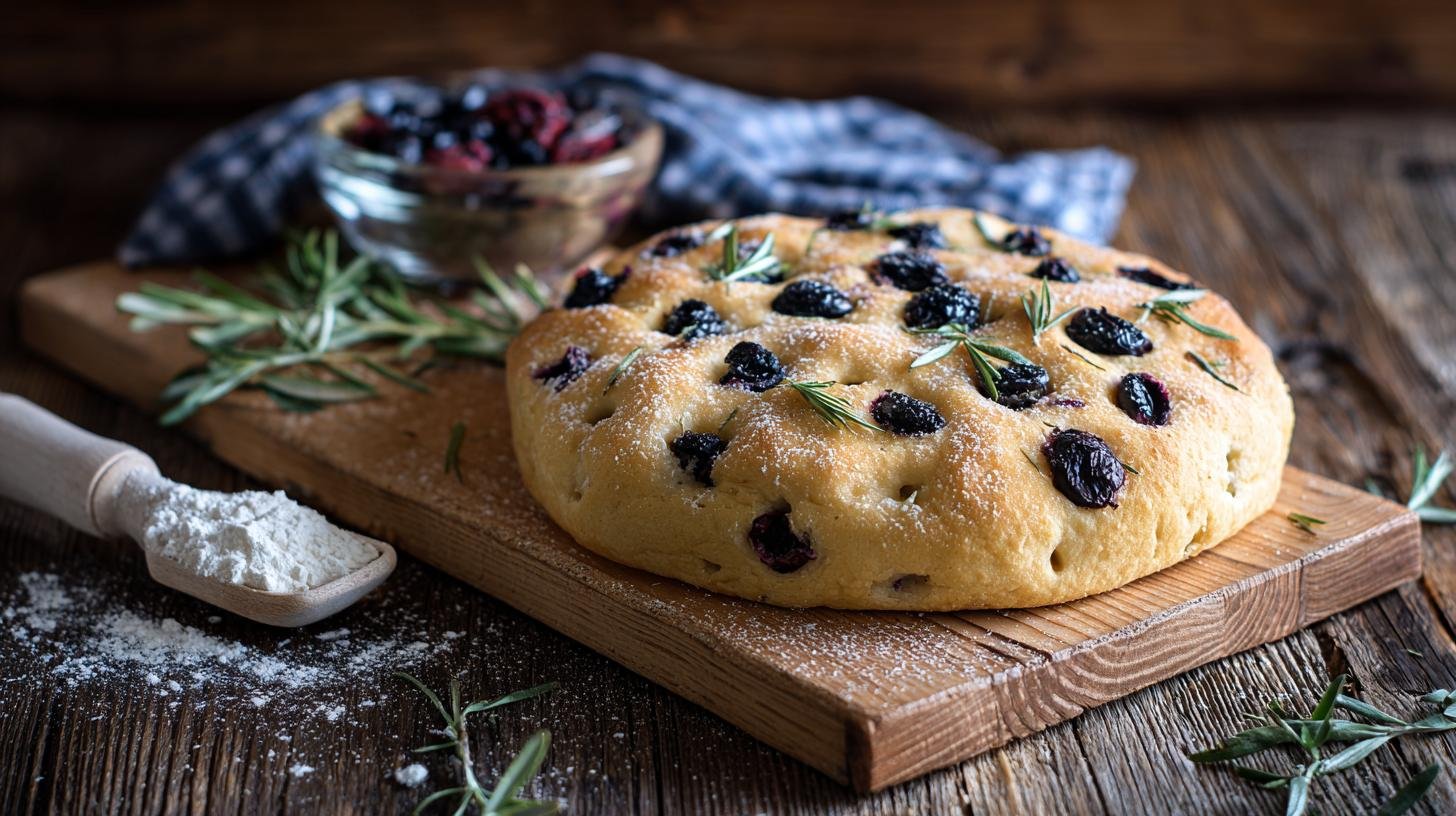 Trik na vláčné focacciové pečivo s moukou a olivami. Krok za krokem