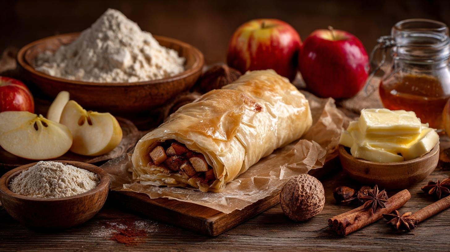 Domácí štrůdl s jablky a máslem bez chyb. Výběr surovin Domácí štrůdl s jablky a máslem bez chyb. Výběr surovin