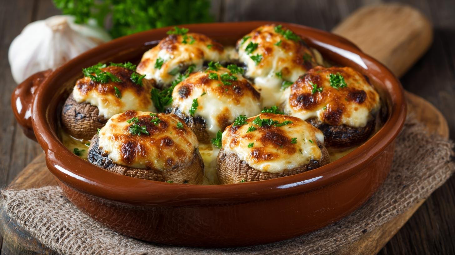 Pečené žampiony se smetanou a sýrem jako teplý předkrm. Ingredience a malé kuchařské tajemství