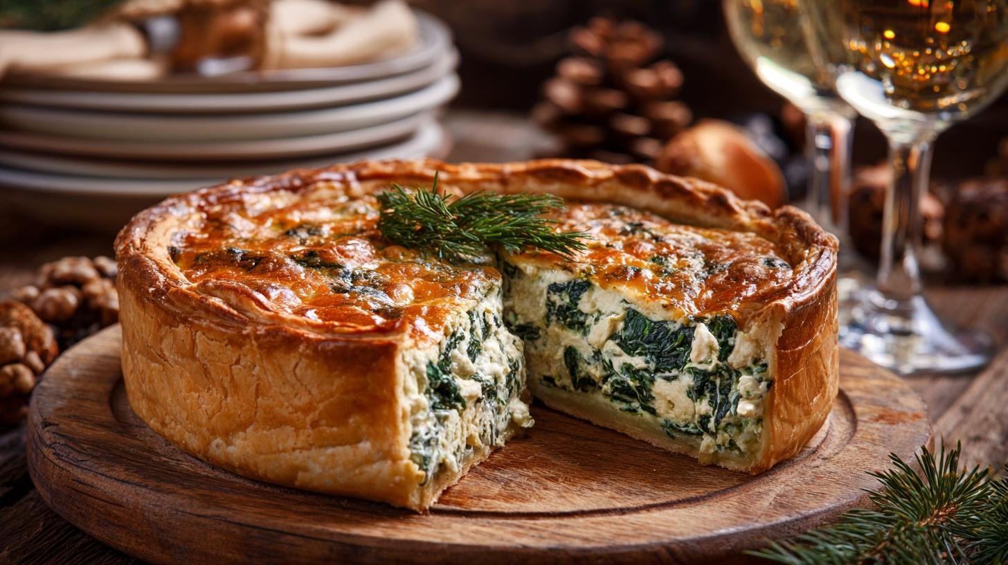 Slaný koláč se špenátem a smetanou na zimní večeři. Servírování, atmosféra a malé kouzlo