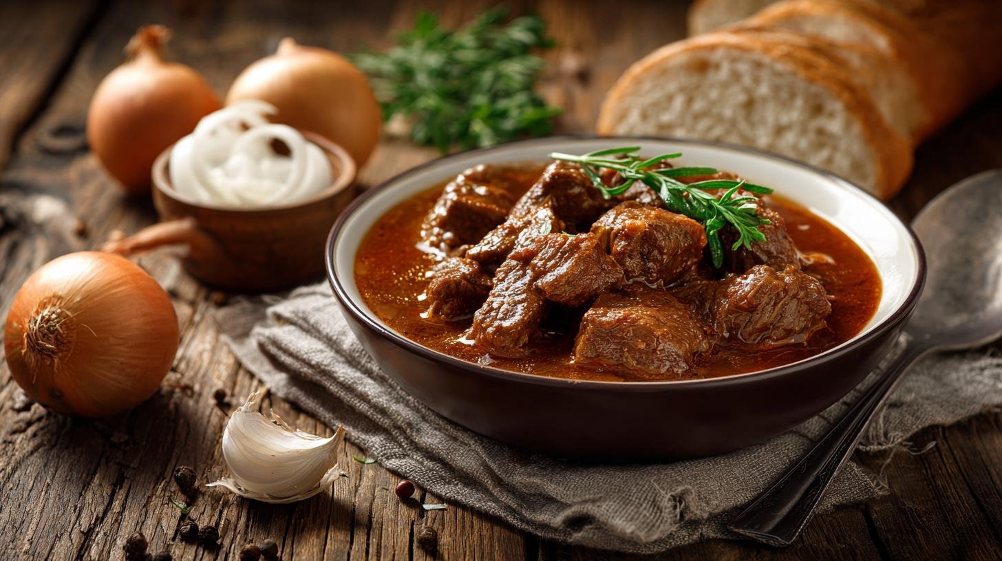 Hovězí guláš s cibulí hustý bez zahušťování moukou