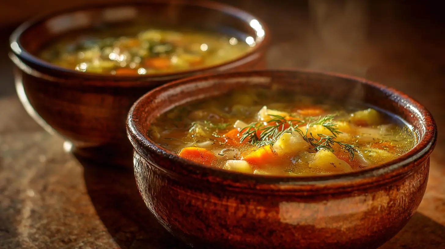 Teplá domácí polévka z kořenové zeleniny. Chutě a servírování