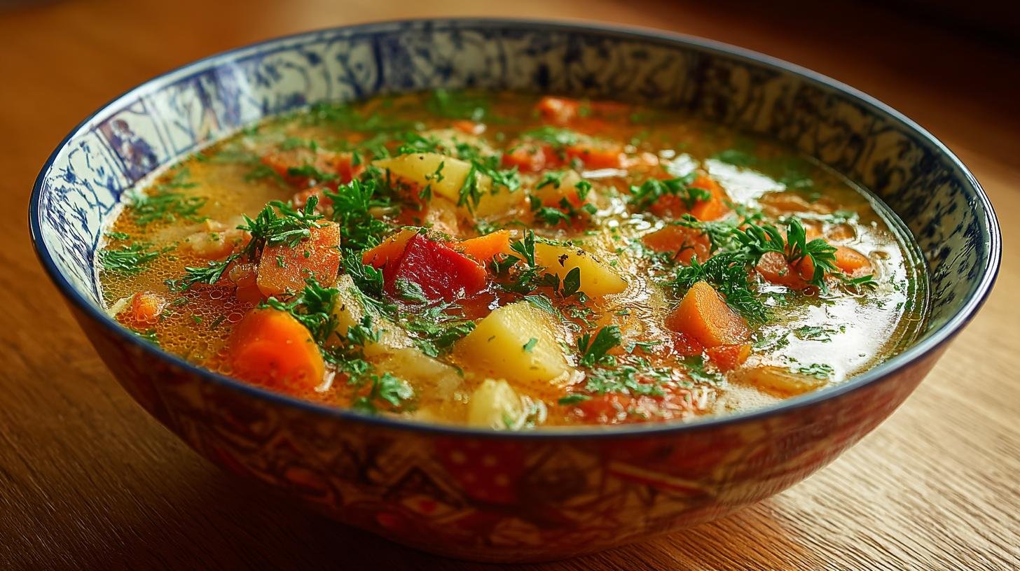 Bramborová polévka se zeleninou pro teplý večer. Servírování, které zaujme Bramborová polévka se zeleninou pro teplý večer. Servírování, které zaujme